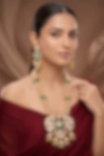 Gold Finish Moissanite Kundan Polki & Jade Green Stone Long Necklace Set by Beryachi at Pernia's Pop Up Shop