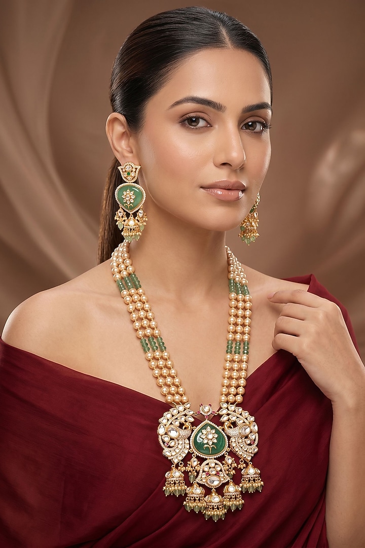 Gold Finish Moissanite Kundan Polki & Jade Green Stone Long Necklace Set by Beryachi at Pernia's Pop Up Shop