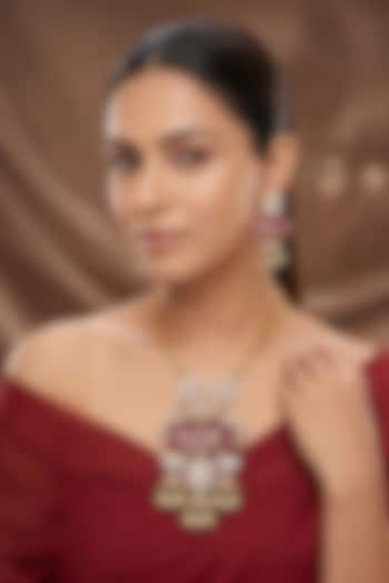 Gold Finish Moissanite Kundan Polki Long Necklace Set by Beryachi at Pernia's Pop Up Shop