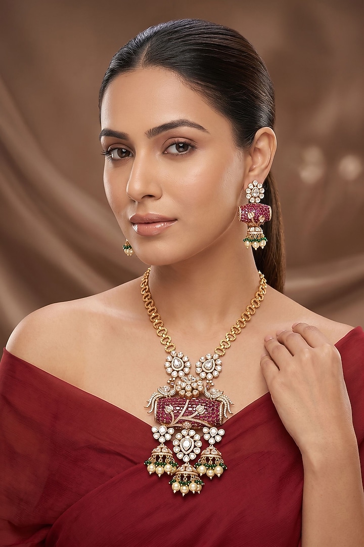 Gold Finish Moissanite Kundan Polki Long Necklace Set by Beryachi at Pernia's Pop Up Shop