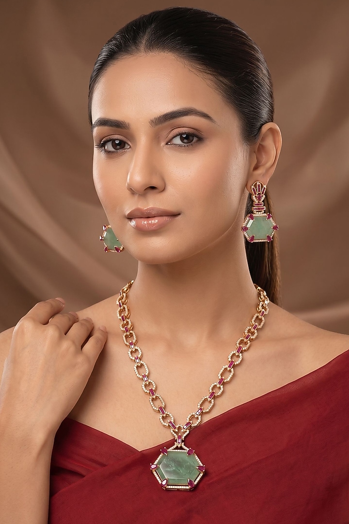 Gold Finish Jade Green Doublet Stone Long Necklace Set by Beryachi at Pernia's Pop Up Shop
