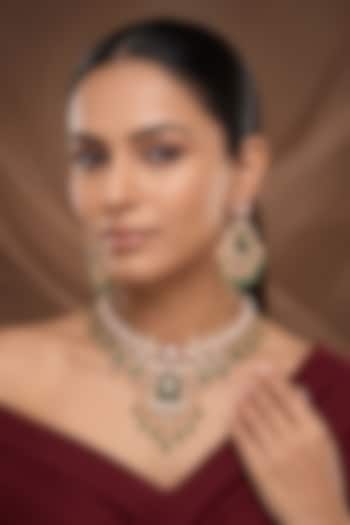 Gold Finish Kundan Polki & Green Doublet Stone Necklace Set by Beryachi at Pernia's Pop Up Shop