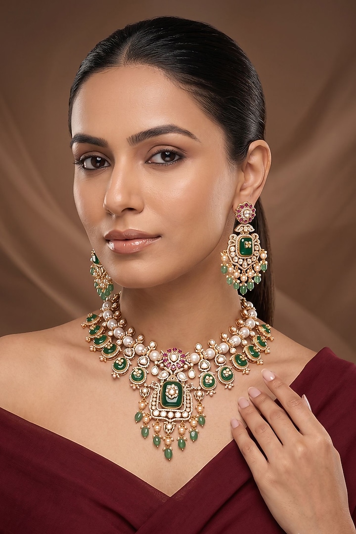 Gold Finish Kundan Polki & Green Doublet Stone Necklace Set by Beryachi at Pernia's Pop Up Shop