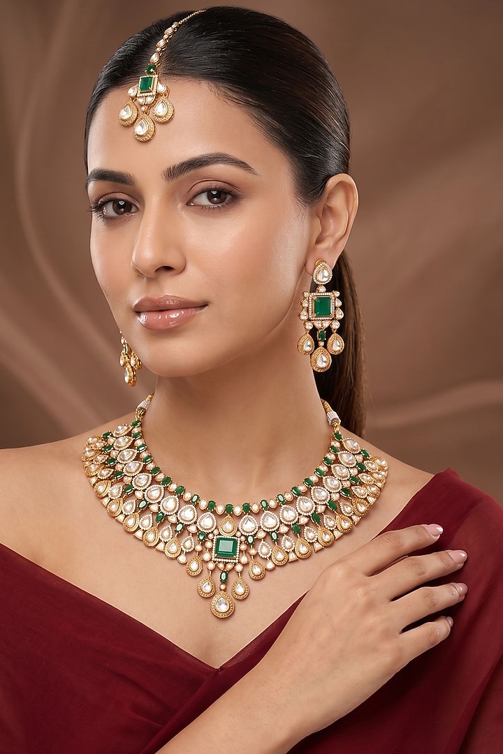 Gold Finish Kundan Polki & Green Stone Necklace Set by Beryachi at Pernia's Pop Up Shop