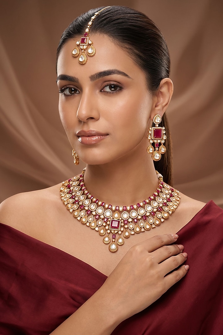 Gold Finish Kundan Polki & Red Stone Necklace Set by Beryachi at Pernia's Pop Up Shop