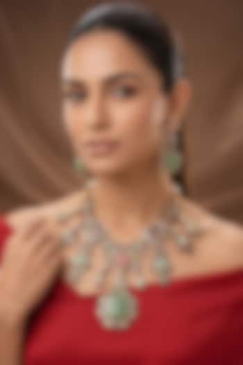 Gold Finish Kundan Polki & Multi-Colored Stone Long Necklace Set by Beryachi at Pernia's Pop Up Shop