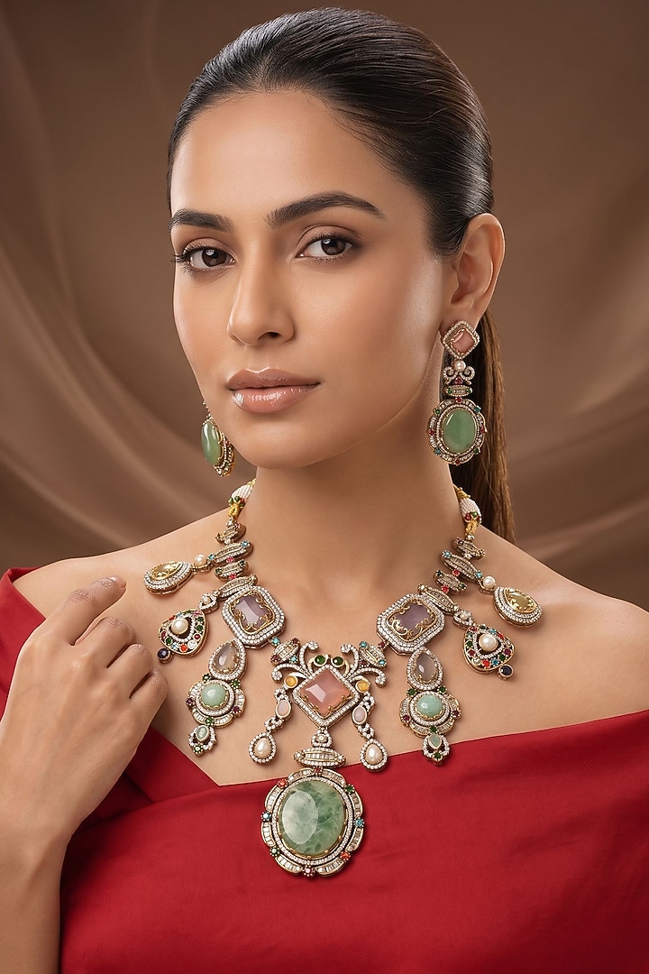 Gold Finish Kundan Polki & Multi-Colored Stone Long Necklace Set by Beryachi at Pernia's Pop Up Shop
