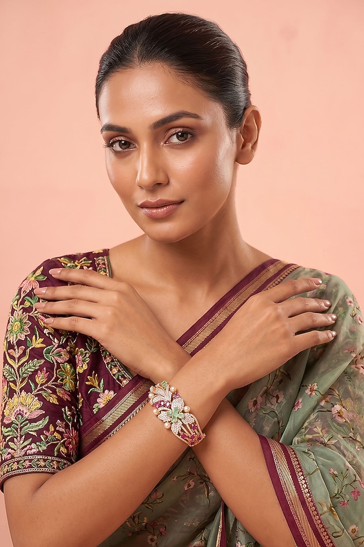 Gold Finish Multi-Colored Kundan Polki Bracelet by Beryachi at Pernia's Pop Up Shop