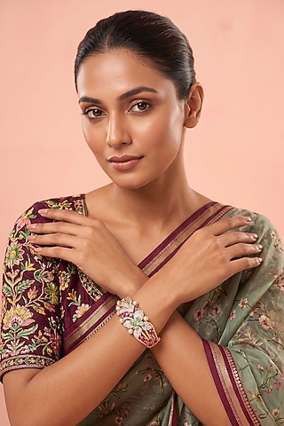 Gold Finish Multi-Colored Kundan Polki Bracelet by Beryachi