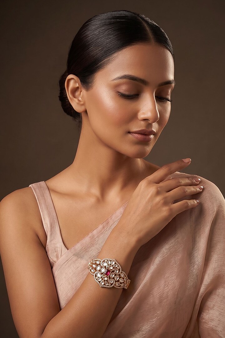 Gold Finish Kundan Polki & Red Stone Bracelet by Beryachi at Pernia's Pop Up Shop