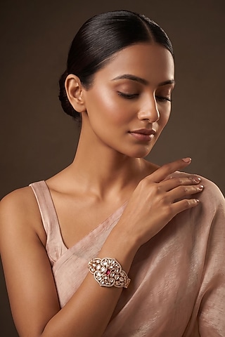 Gold Finish Kundan Polki & Red Stone Bracelet by Beryachi