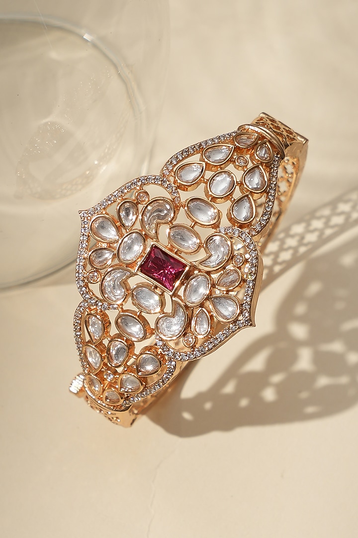 Gold Finish Kundan Polki & Red Stone Bracelet by Beryachi at Pernia's Pop Up Shop