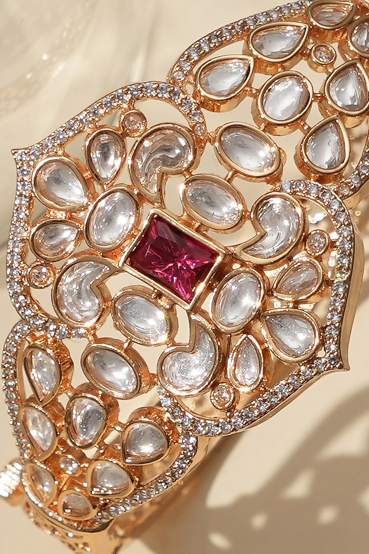 Gold Finish Kundan Polki & Red Stone Bracelet by Beryachi at Pernia's Pop Up Shop