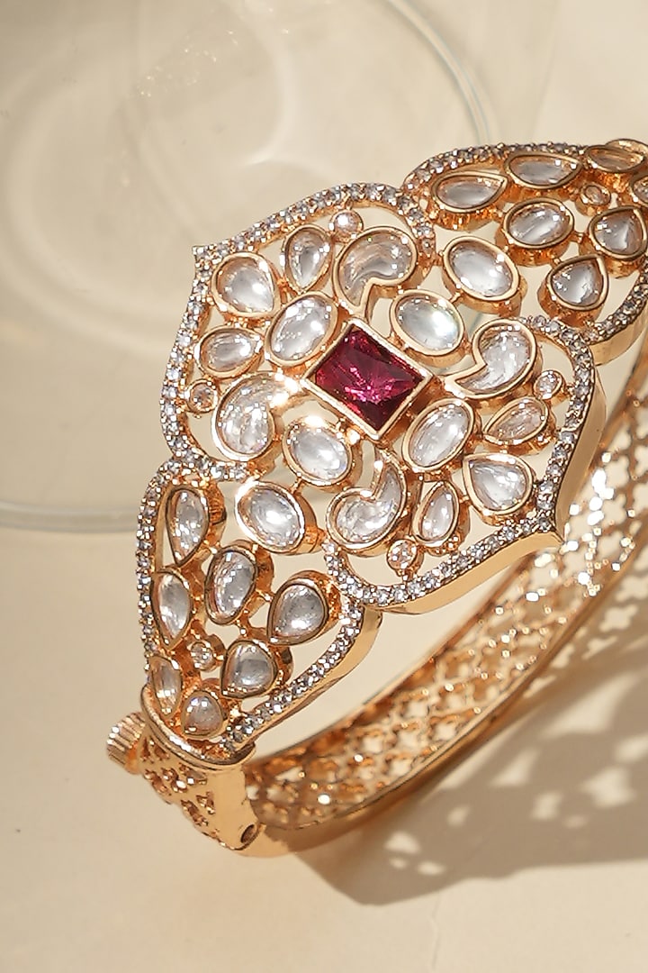 Gold Finish Kundan Polki & Red Stone Bracelet by Beryachi at Pernia's Pop Up Shop