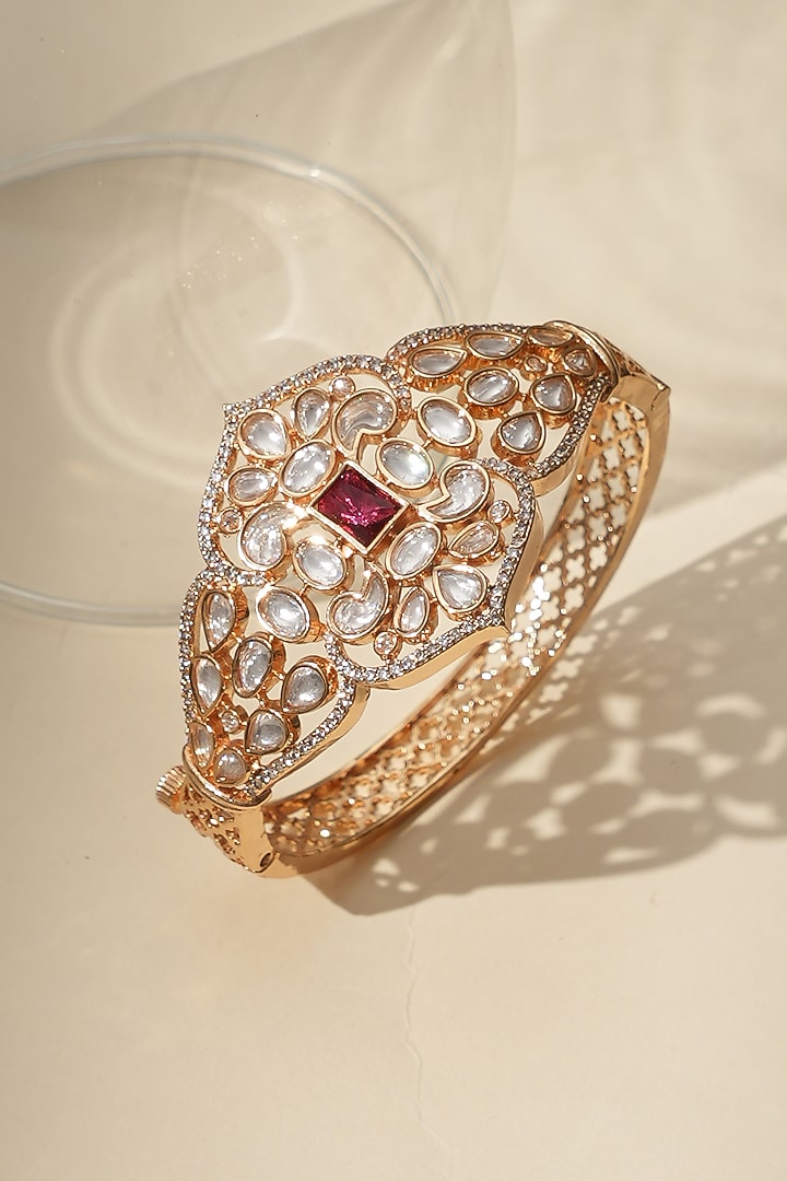 Gold Finish Kundan Polki & Red Stone Bracelet by Beryachi at Pernia's Pop Up Shop