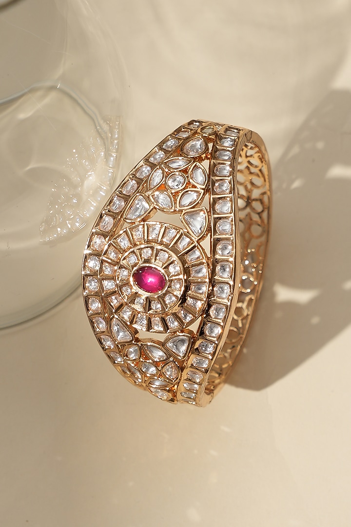 Gold Finish Kundan Polki & Pink Stone Bracelet by Beryachi at Pernia's Pop Up Shop