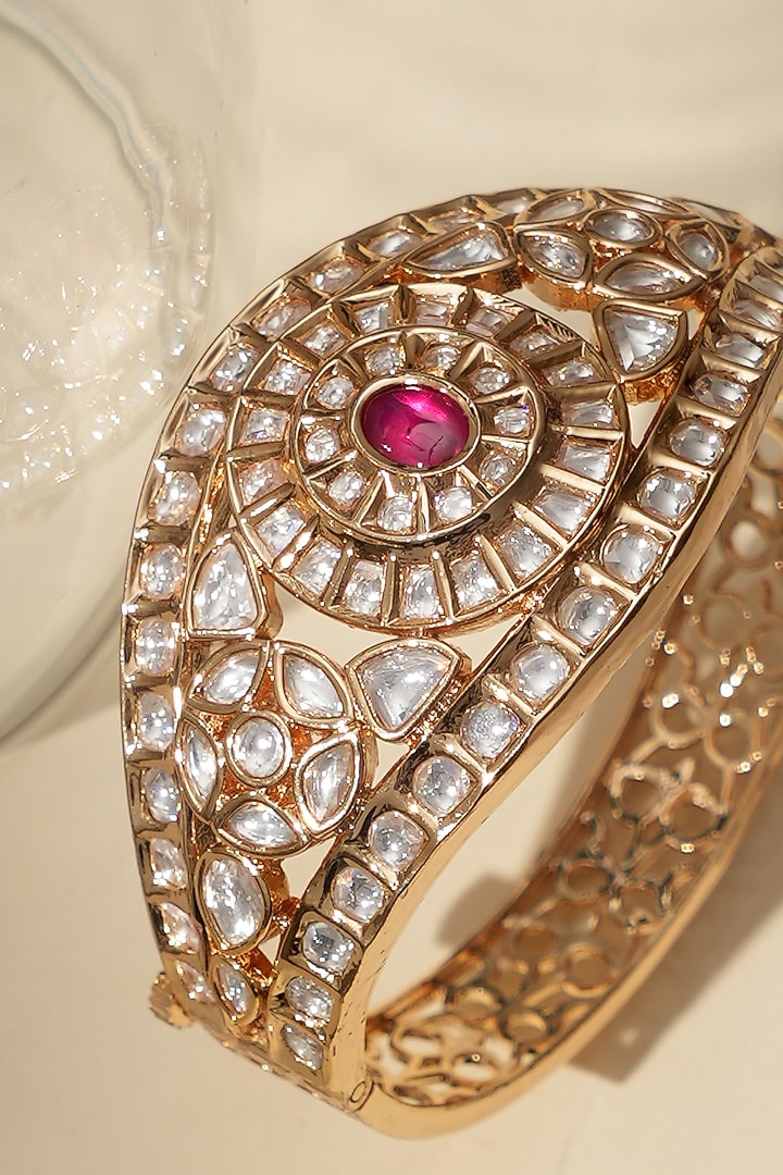 Gold Finish Kundan Polki & Pink Stone Bracelet by Beryachi at Pernia's Pop Up Shop