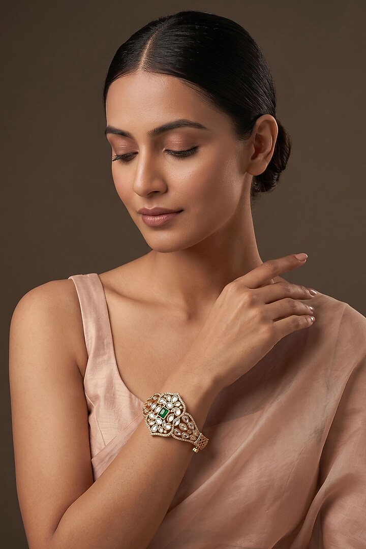 Gold Finish Kundan Polki & Green Stone Bracelet by Beryachi at Pernia's Pop Up Shop