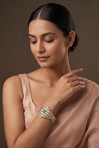 Gold Finish Kundan Polki & Green Stone Bracelet by Beryachi