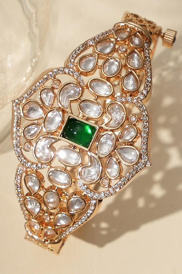 Gold Finish Kundan Polki & Green Stone Bracelet by Beryachi at Pernia's Pop Up Shop