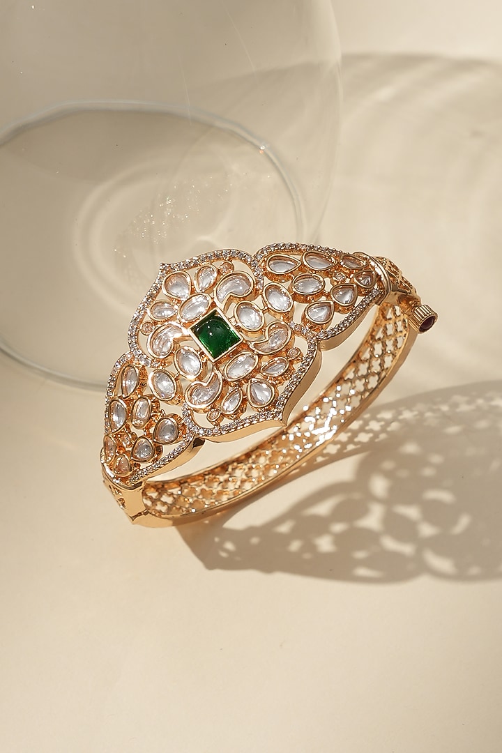 Gold Finish Kundan Polki & Green Stone Bracelet by Beryachi at Pernia's Pop Up Shop