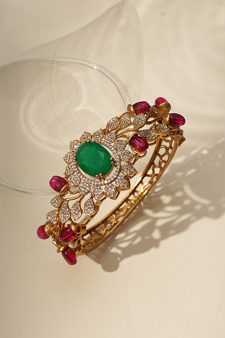 Gold Finish Kundan Polki & Green Stone Bracelet by Beryachi at Pernia's Pop Up Shop