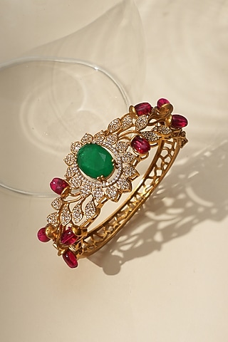 Gold Finish Kundan Polki & Green Stone Bracelet by Beryachi