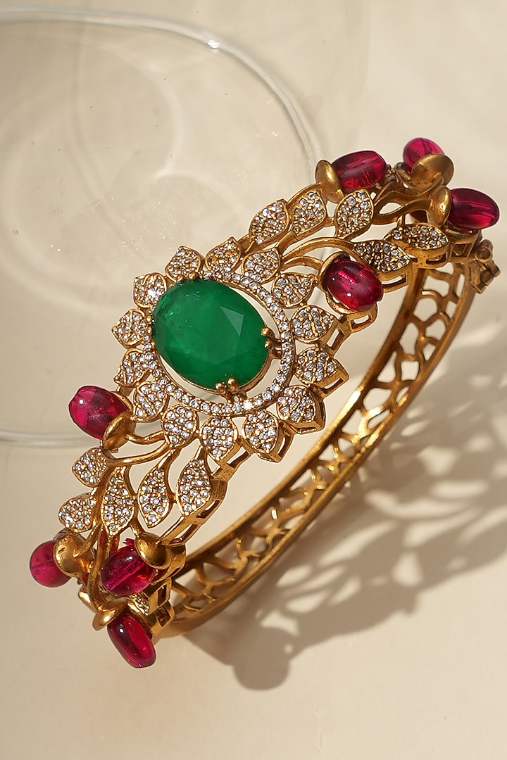 Gold Finish Kundan Polki & Green Stone Bracelet by Beryachi at Pernia's Pop Up Shop