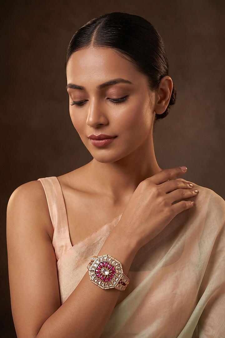 Gold Finish Pink Kundan Polki Jadau Bracelet by Beryachi at Pernia's Pop Up Shop