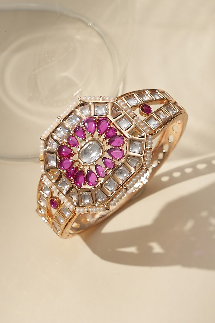 Gold Finish Pink Kundan Polki Jadau Bracelet by Beryachi at Pernia's Pop Up Shop