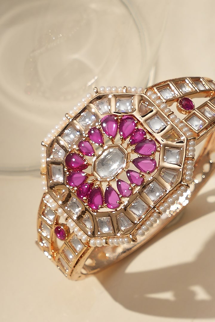 Gold Finish Pink Kundan Polki Jadau Bracelet by Beryachi at Pernia's Pop Up Shop