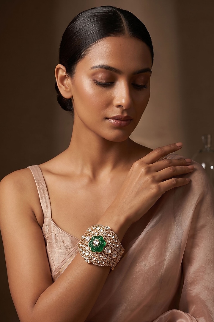 Gold Finish Emerald Stone & Kundan Polki Jadau Bracelet by Beryachi at Pernia's Pop Up Shop
