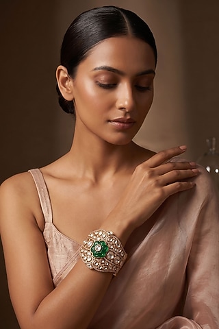 Gold Finish Emerald Stone & Kundan Polki Jadau Bracelet by Beryachi