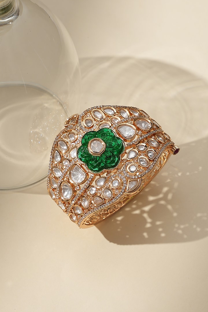 Gold Finish Emerald Stone & Kundan Polki Jadau Bracelet by Beryachi at Pernia's Pop Up Shop