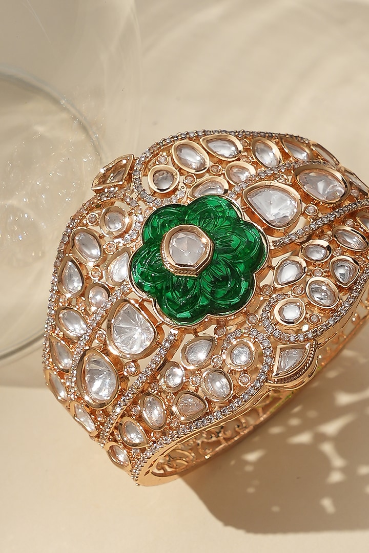 Gold Finish Emerald Stone & Kundan Polki Jadau Bracelet by Beryachi at Pernia's Pop Up Shop