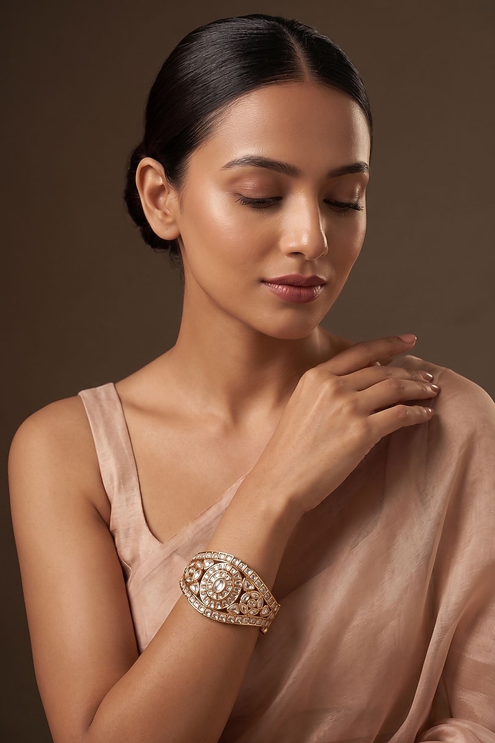 Gold Finish Kundan Polki Bracelet by Beryachi at Pernia's Pop Up Shop