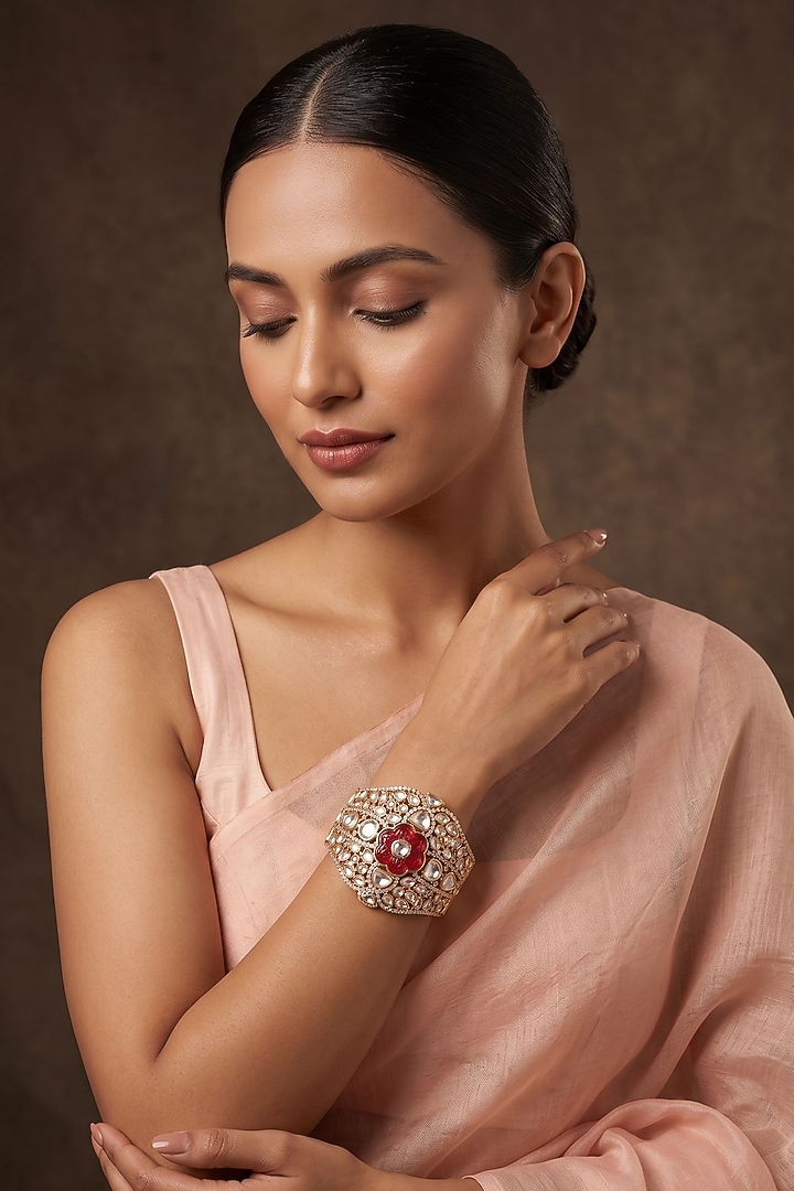 Gold Finish Ruby Stone & Kundan Polki Jadau Bracelet by Beryachi at Pernia's Pop Up Shop