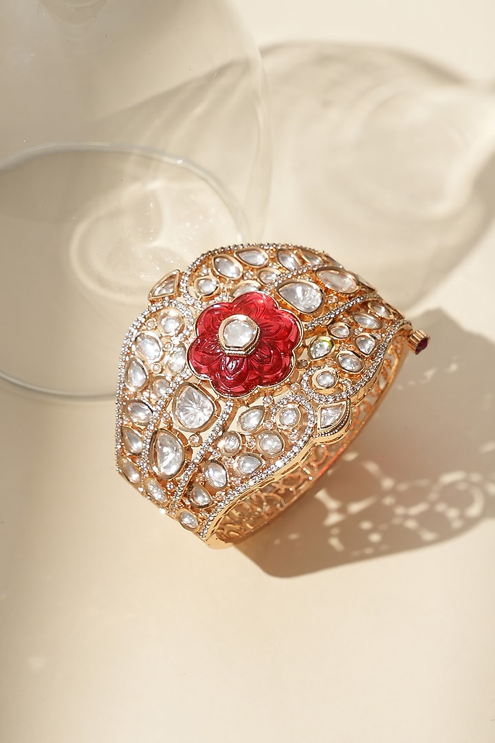 Gold Finish Ruby Stone & Kundan Polki Jadau Bracelet by Beryachi at Pernia's Pop Up Shop