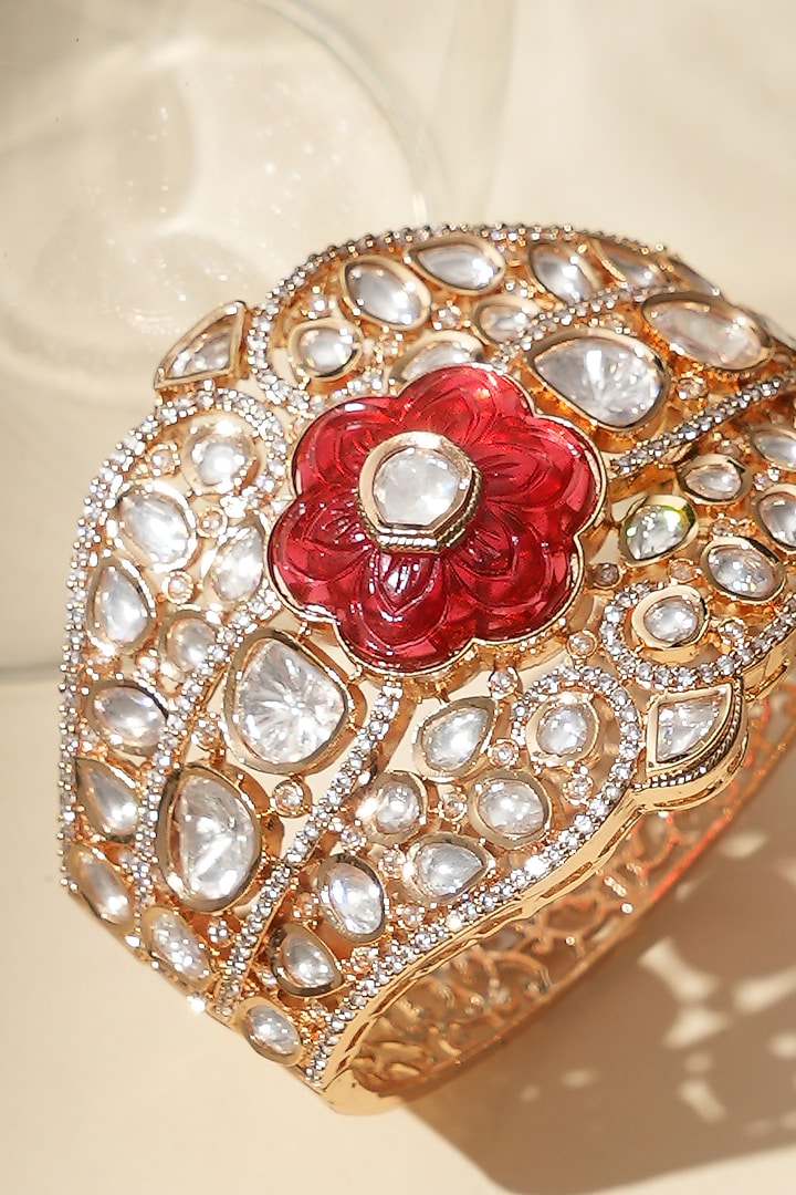 Gold Finish Ruby Stone & Kundan Polki Jadau Bracelet by Beryachi at Pernia's Pop Up Shop