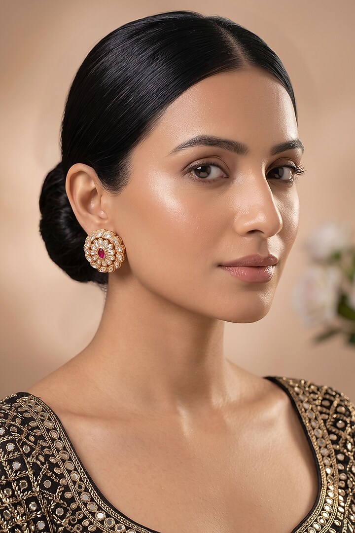 Gold Finish Kundan Polki & Ruby Stone Stud Earrings by Beryachi at Pernia's Pop Up Shop
