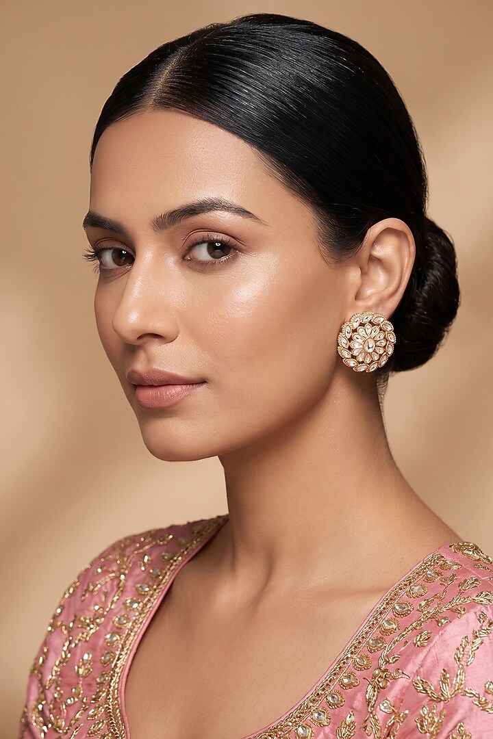 Gold Finish Kundan Polki Stud Earrings by Beryachi at Pernia's Pop Up Shop