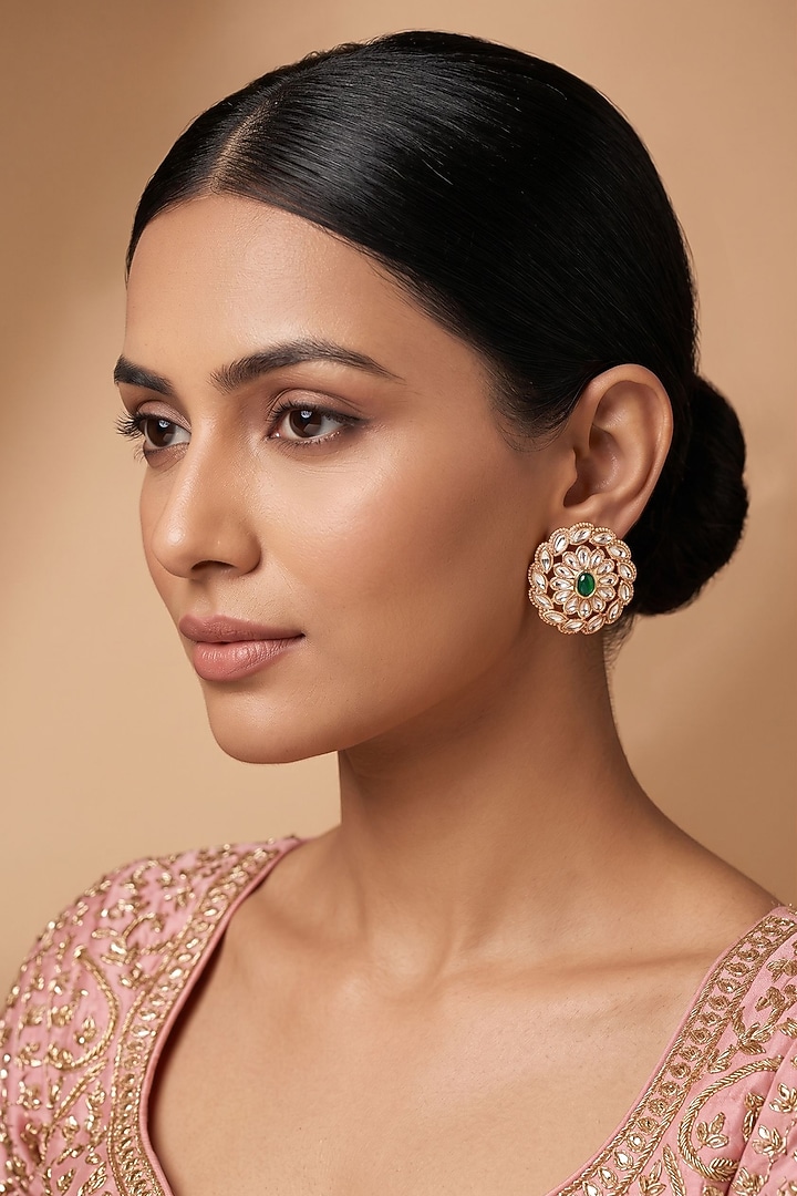 Gold Finish Kundan Polki & Green Stone Stud Earrings by Beryachi at Pernia's Pop Up Shop