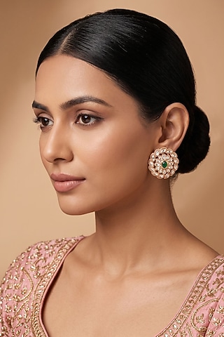 Gold Finish Kundan Polki & Green Stone Stud Earrings by Beryachi