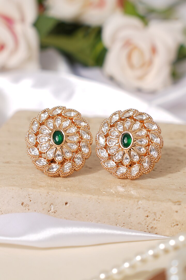 Gold Finish Kundan Polki & Green Stone Stud Earrings by Beryachi at Pernia's Pop Up Shop