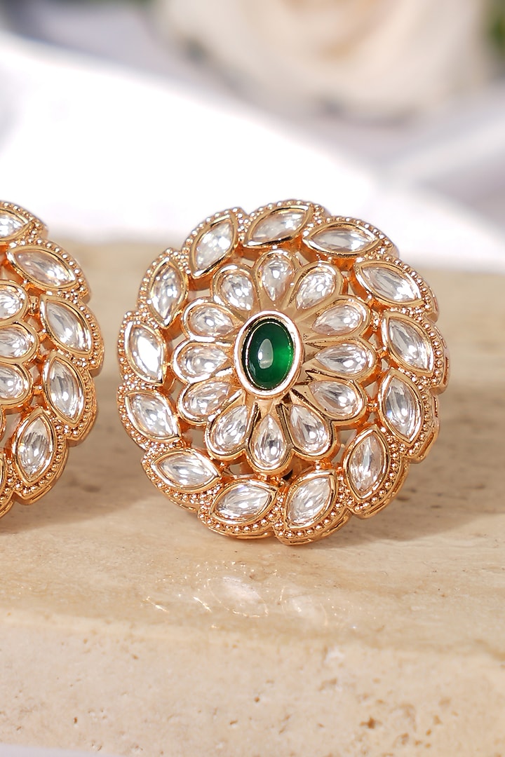 Gold Finish Kundan Polki & Green Stone Stud Earrings by Beryachi at Pernia's Pop Up Shop