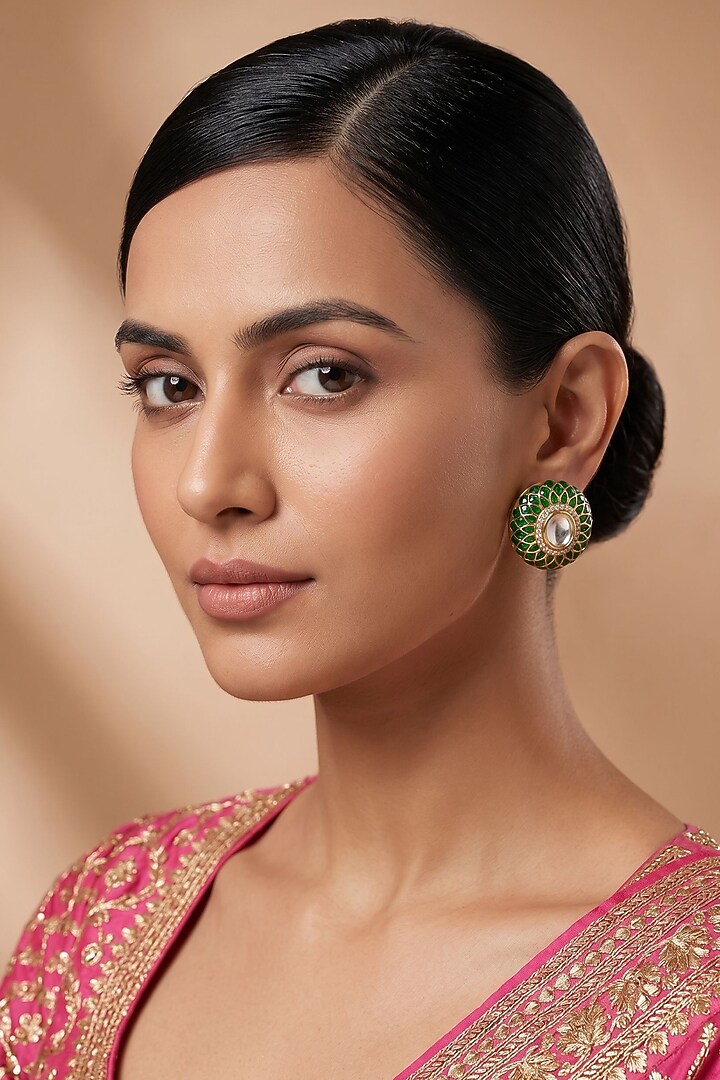 Gold Finish Kundan Polki & Green Meenakari Stud Earrings by Beryachi at Pernia's Pop Up Shop
