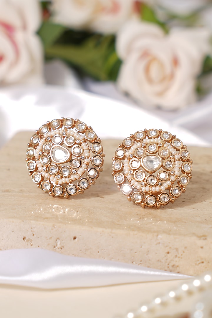 Gold Finish Kundan Polki Stud Earrings by Beryachi at Pernia's Pop Up Shop