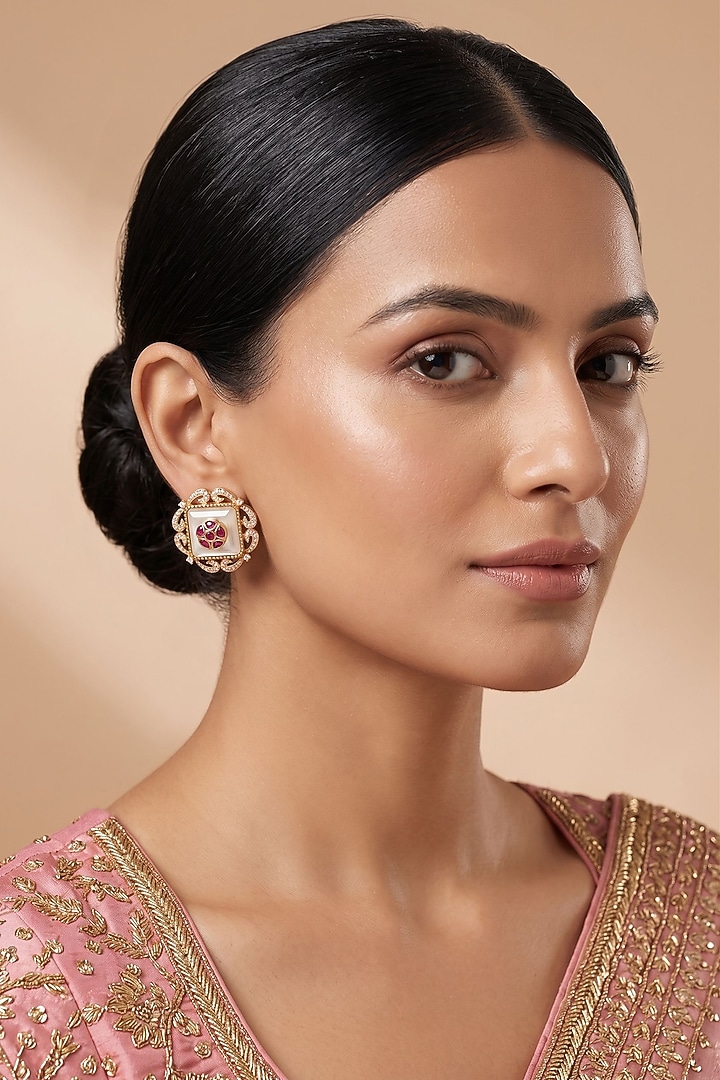 Gold Finish Kundan Polki Jadau Stud Earrings by Beryachi at Pernia's Pop Up Shop