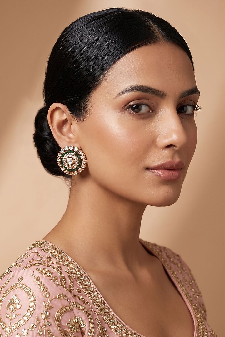 Gold Finish Kundan Polki & Green Stone Stud Earrings by Beryachi at Pernia's Pop Up Shop