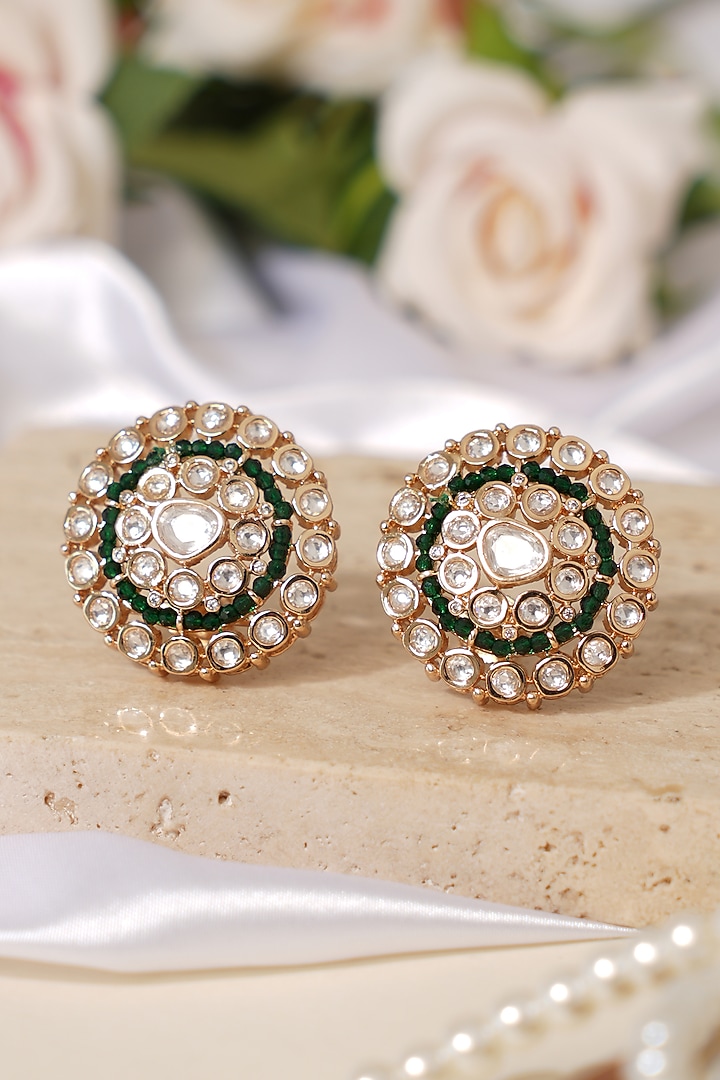 Gold Finish Kundan Polki & Green Stone Stud Earrings by Beryachi at Pernia's Pop Up Shop